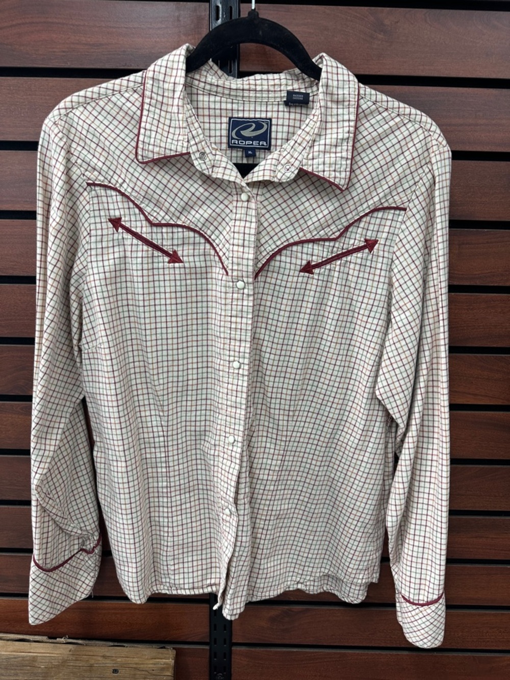 Roper Youth XL Cream Plaid Western Shirt with Red Trim Details